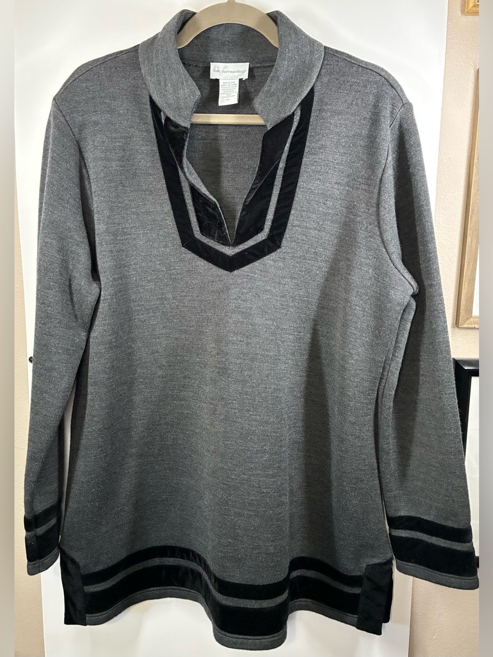 Soft Surroundings Gray Wool Blend Tunic Sweater Black Velvet Trim Women's XL